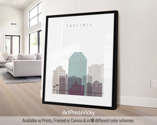 Minimalist Sarasota, Florida skyline highlighting the Ringling Museum and the city's coastal vibe in a cool Pastel 2 palette, by ArtPrintsVicky.