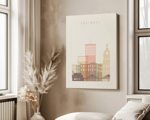 Art print featuring a stylized cityscape of Savannah with pastel colors and geometric shapes.