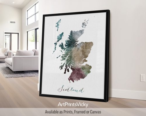 Earthy watercolor painting of the Scotland map, with "Scotland" written below in handwritten script, on a textured background. Perfect for lovers of Scottish landscapes and Celtic heritage by ArtPrintsVicky.
