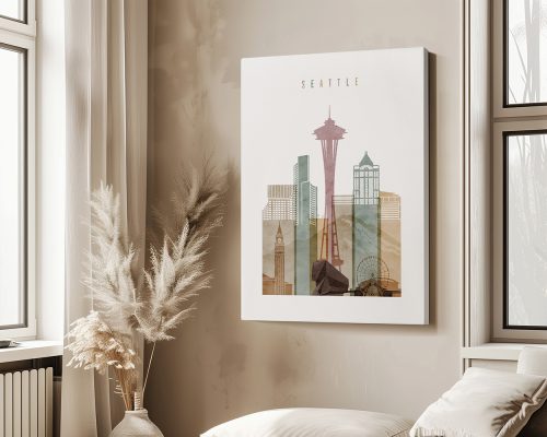 Art print featuring a stylized cityscape of Seattle with notable landmarks.