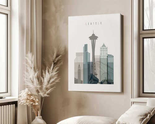 Art print featuring a stylized cityscape of Seattle with notable buildings and the Space Needle.