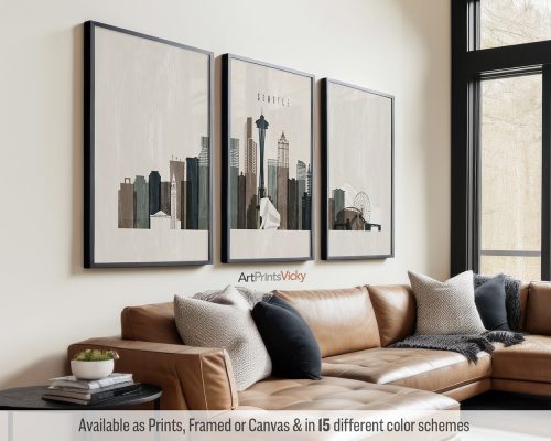 Seattle skyline triptych featuring the Space Needle, vibrant cityscape, the Puget Sound waterfront, and mountains in a textured and vintage warm Distressed 2 style, divided into three contemporary prints. by ArtPrintsVicky.