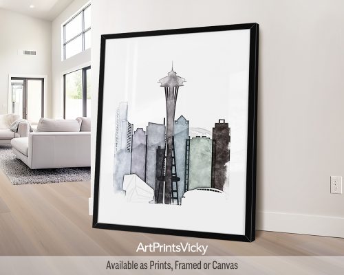 Seattle City Poster Drawing in Cool Tones by ArtPrintsVicky