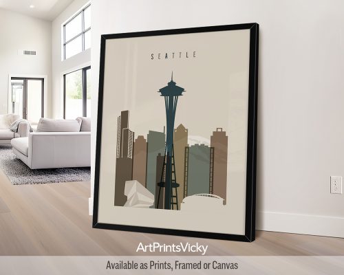 Seattle skyline art print in earth tones 3 by ArtPrintsVicky