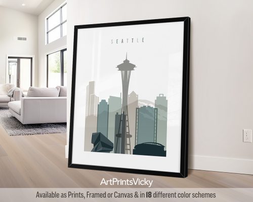 Seattle modern art print in cool Earth Tones 4. Features the Space Needle, and a coastal cityscape by ArtPrintsVicky