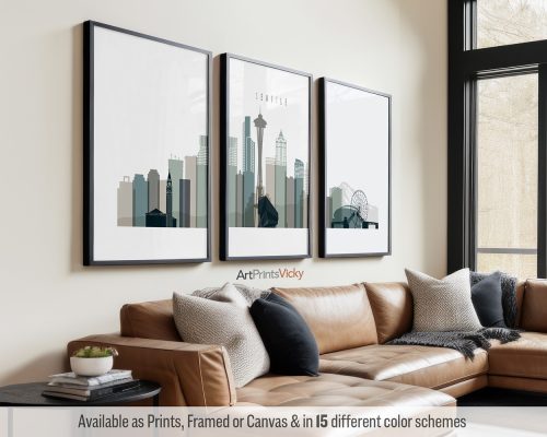 Minimalist Seattle skyline triptych featuring the Space Needle, the cityscape, the Olympic Mountains, and the Puget Sound in a cool, natural "Earth Tones 4" palette, divided into three contemporary prints. by ArtPrintsVicky.