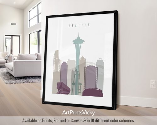 Minimalist Seattle skyline print featuring the Space Needle, and iconic landmarks in a soft and dreamy Pastel 2 palette, by ArtPrintsVicky.
