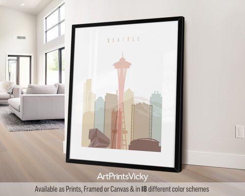 Seattle minimalist skyline poster in soft pastel white theme, modern city print by ArtPrintsVicky