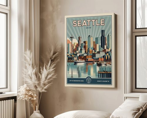 Retro-style poster of Seattle featuring the skyline and waterfront in a colorful design.