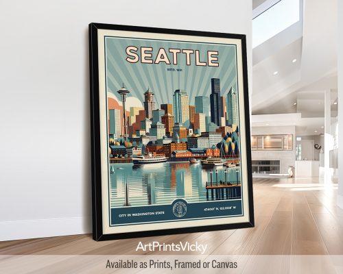 Seattle Poster Inspired by Retro Travel Art