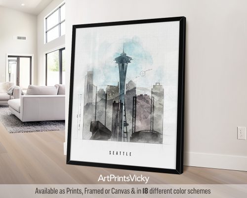 Seattle city skyline print featuring the Space Needle, iconic landmarks, mountains in a bold Urban 1 style with strong lines, by ArtPrintsVicky.