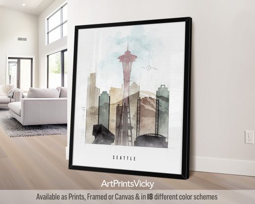 Seattle City Poster in Warm Urban Watercolors by ArtPrintsVicky