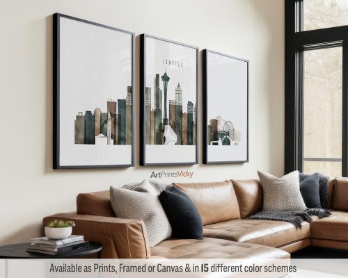 Seattle skyline triptych featuring the Space Needle, iconic landmarks, mountains in a rich and textured Watercolor 2 style, divided into three contemporary prints. by ArtPrintsVicky.
