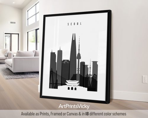 Seoul skyline poster featuring iconic landmarks in a black and white theme by ArtPrintsVicky.