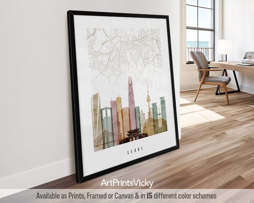 Seoul minimalist map and skyline poster featuring the N Seoul Tower, Gyeongbokgung Palace, iconic landmarks, and street layout, all rendered in a rich, expressive Watercolor 1 style. by ArtPrintsVicky.