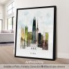 Art print of a stylized cityscape of Seoul featuring iconic buildings and landmarks.