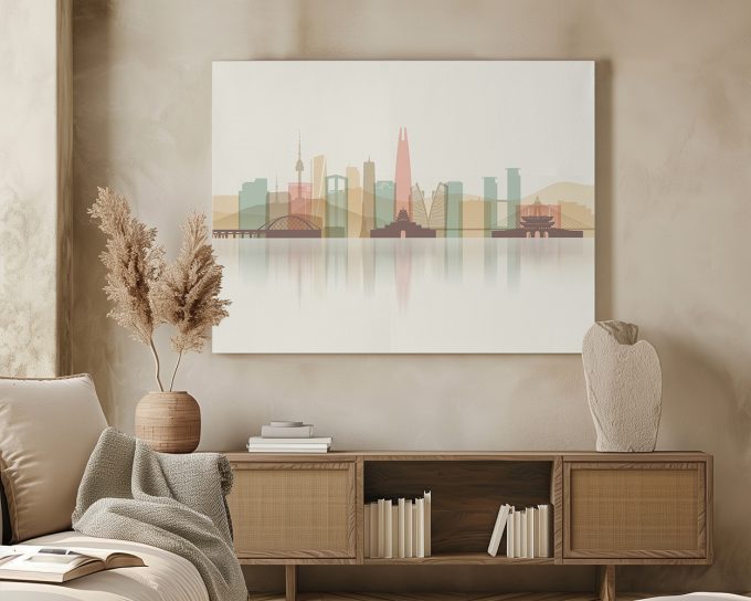Stylized illustration of a cityscape featuring iconic buildings and landmarks of Seoul.