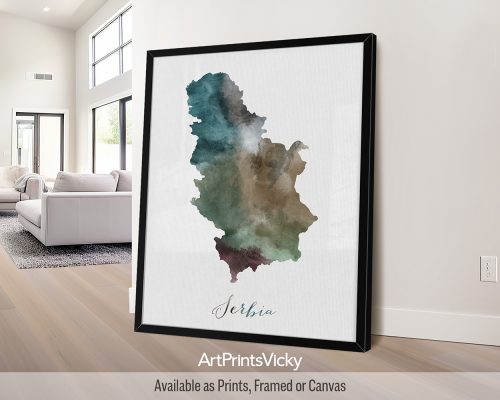 Earthy watercolor painting of the Serbia map, with "Serbia" written below in handwritten script, on a textured background. Perfect for those who love Balkan history and culture by ArtPrintsVicky.