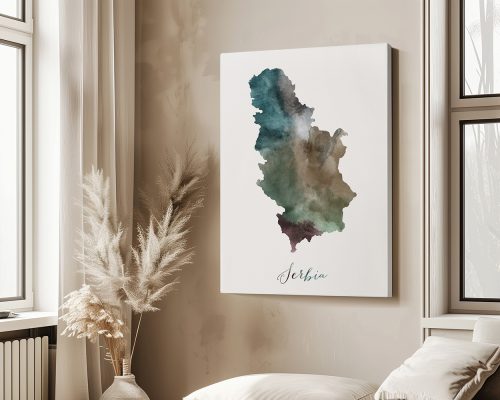 Watercolor map of Serbia featuring various shades of green, blue, and brown.