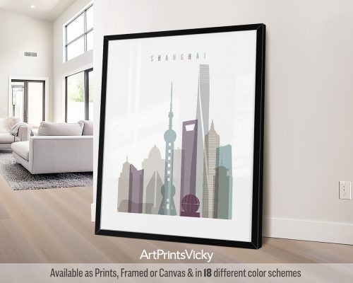 Minimalist Shanghai skyline featuring the Oriental Pearl Tower, the Shanghai World Financial Center, and other iconic skyscrapers in a cool Pastel 2 palette, by ArtPrintsVicky.