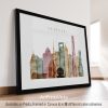 Art print featuring a watercolor-style skyline of Shanghai with notable buildings and the word 'Shanghai'.