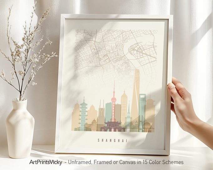 Map of Shanghai featuring key landmarks and a light color palette in a framed design.