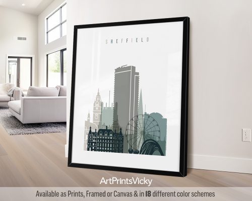 Sheffield minimalist city print in cool Earth Tones 4 style. Features industrial shapes and modern landmarks by ArtPrintsVicky