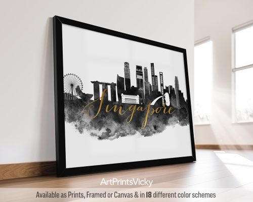 Black and white watercolor landscape print of the Singapore skyline with a faux gold title, by ArtPrintsVicky.