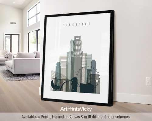 Singapore minimalist city print in cool Earth Tones 4 style featuring sleek skyscrapers by ArtPrintsVicky