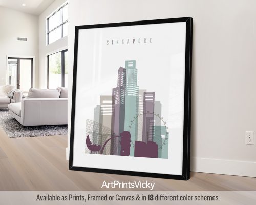 Minimalist Singapore skyline print featuring Marina Bay Sands, and iconic landmarks in a soft and dreamy Pastel 2 palette, by ArtPrintsVicky.