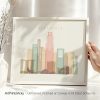 Art print of a stylized Singapore cityscape with pastel colors and geometric shapes.