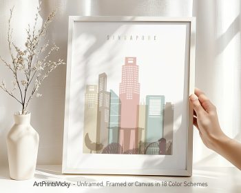 Art print of a stylized cityscape of Singapore featuring modern buildings and a pastel color palette.