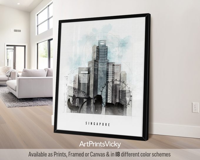 Framed artwork depicting a cityscape of Singapore with modern buildings and a watercolor effect.