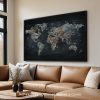 World map artwork featuring muted colors displayed in a modern living room setting.