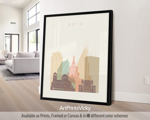 Sofia, Bulgaria skyline poster featuring the Alexander Nevsky Cathedral, and vibrant cityscape in a warm Pastel Cream palette, by ArtPrintsVicky.