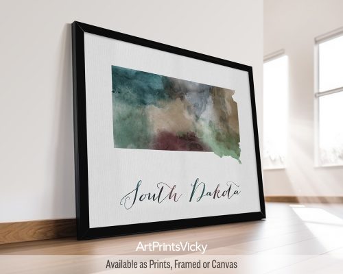 Earthy watercolor print of the South Dakota state map, with "South Dakota" written below in handwritten script, on a textured background. Perfect for lovers of the Mount Rushmore State, the Badlands, and the Black Hills by ArtPrintsVicky.