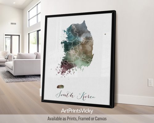 Earthy watercolor painting of the South Korea map, with "South Korea" written below in handwritten script, on a textured background. Perfect for lovers of East Asia and Korean culture by ArtPrintsVicky.