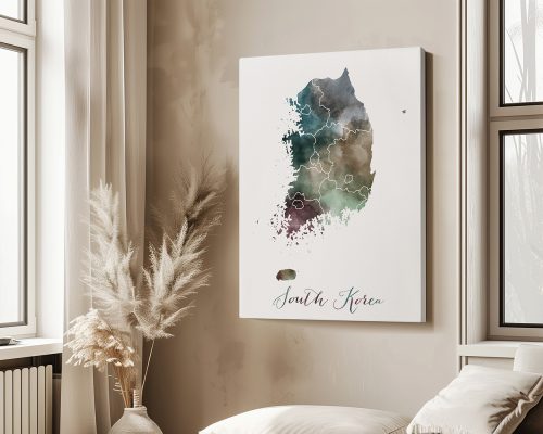 Artistic map of South Korea with watercolor effects and outlined regions.