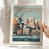 Retro art print of Southampton featuring a windmill and city skyline with a boat in the foreground.