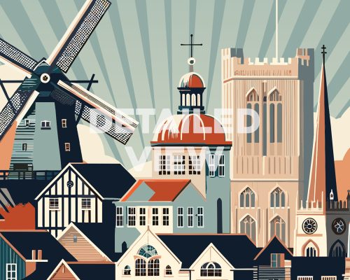 Illustration of a retro cityscape featuring buildings and a windmill in Southampton.