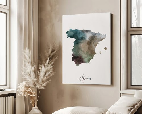 Watercolor map of Spain featuring various shades of green and blue with the word 'Spain' at the bottom.