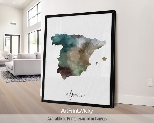 Earthy watercolor painting of the Spain map, with "Spain" written below in handwritten script, on a textured background. Perfect for lovers of Iberian culture and Spanish landscapes by ArtPrintsVicky.