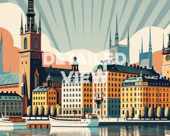 Retro-style illustration depicting a cityscape of Stockholm with buildings and boats on water.