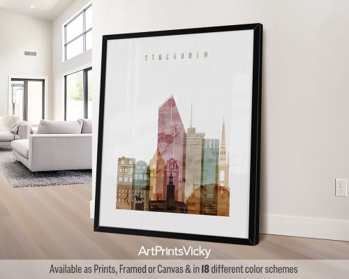 Stockholm art print in warm Watercolor 1 style by ArtPrintsVicky