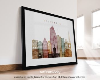 Framed art print featuring a stylized cityscape of Stockholm with various building silhouettes.