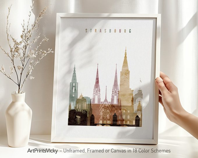 Art print of Strasbourg featuring iconic buildings in a minimalist style with soft colors.
