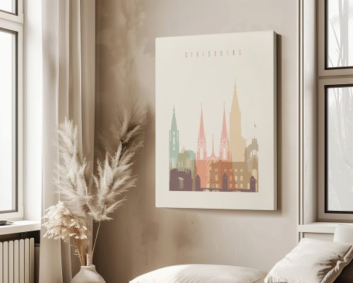 Art print featuring a stylized illustration of Strasbourg's skyline with notable buildings.