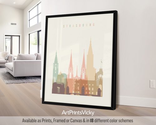 Strasbourg city skyline print in pastel cream theme, vertical orientation, by ArtPrintsVicky