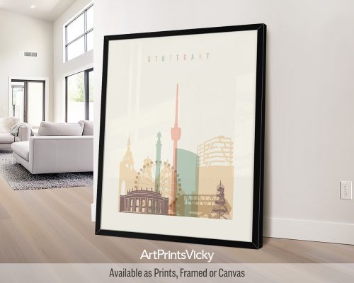 Stuttgart skyline in pastel cream theme, modern city print by ArtPrintsVicky