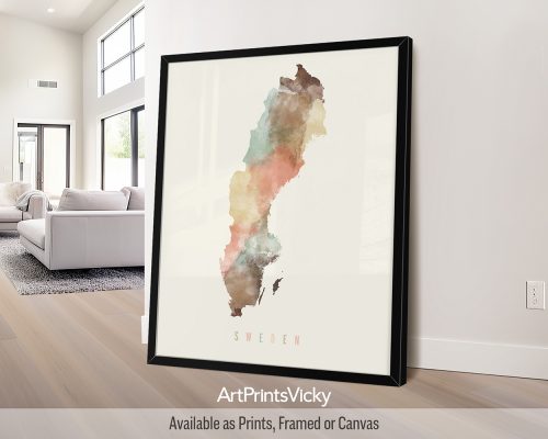 Pastel cream watercolor painting of the Sweden map, with "Sweden" written below in handwritten script, on a soft cream background. Perfect for lovers of Scandinavian landscapes and soft color palettes by ArtPrintsVicky.
